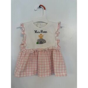 Kinder Smocks Baby Girl Pink Gingham Dress He is Risen Easter NB